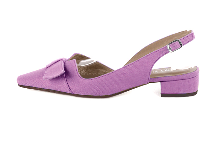 Mauve purple women's open back shoes, with a knot. Tapered toe. Low block heels. Profile view - Florence KOOIJMAN